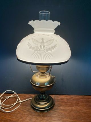 Vintage Hurricane Parlor Table Lamp Milk Glass Shade With Eagle Design