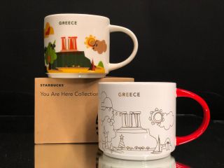 2 Starbucks Mugs 14oz Yah Greece & Christmas Edition Box & Sku