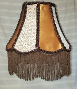 Vintage Large 8 Panel Victorian Lamp Shade Fringe Brown Gold White Lace 11 " ×15 "