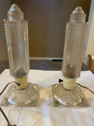 2 Vintage Matching Art Deco Glass Dresser Lamps - W/ Tube Bulbs