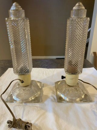2 Vintage Matching Art Deco Glass Dresser Lamps - w/ Tube Bulbs 3
