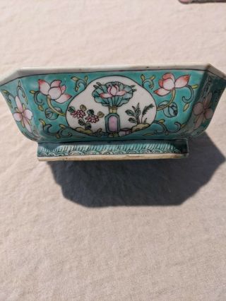 Vintage Hand Painted Ceramic Chinese Round Bowl Green Dish With Floral Designs