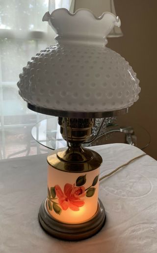 Vintage Hand Painted Milk Glass Hurricane Table Lamp 16” Tall Hobnail Shade Bras