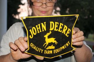 John Deere Quality Farm Equipment Tractor Feed Seed Gas Oil Porcelain Metal Sign