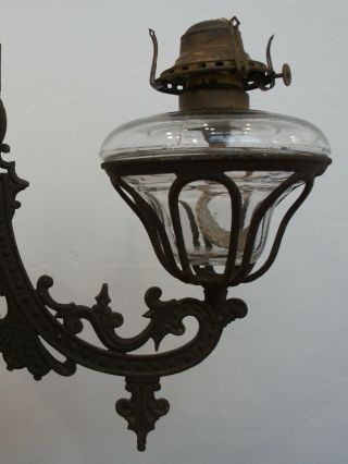 Vintage Oil Lamp With Cast Iron Wall Mount Lamp Holder Queen Anne No.  2 Burner