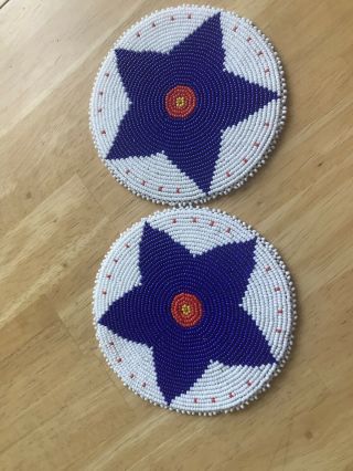 2 Native American Style 5 Inch Beaded Rosettes White Star Design Leather Back