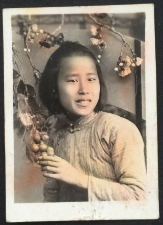 Hand Colored Chinese Woman Girl Qipao Studio Grape Photo 1930/40s