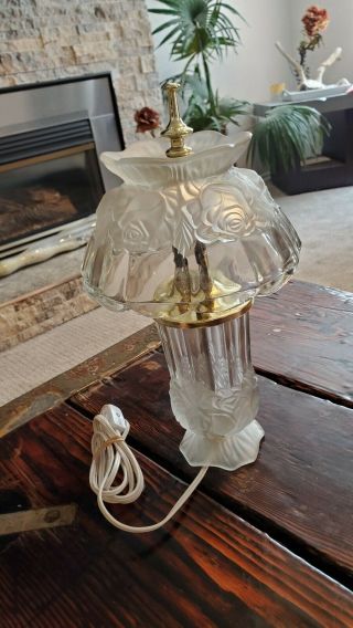 Stunning Vintage Lead Crystal Table Lamp Made In Portugal Roses Frosted