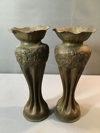 Pair Highest Quality Art Nouveau Wwi Trench Art Shell Casing Vases 8” Reims