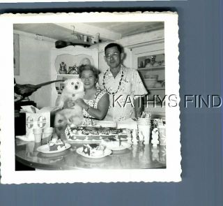 Found B&w Photo N,  5791 Man Posed With Pretty Woman At Table Holding Dog