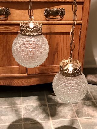 Mcm Hollywood Regency 2 Dual Double Hanging Swag Light Globe Lamp Clear Glass