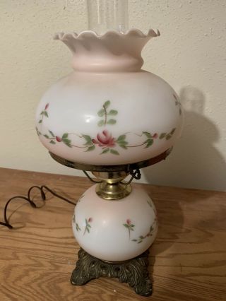 Vintage Gwtw Hurricane Parlor Lamp Floral Hand Painted Milk Glass 3 Way Electric