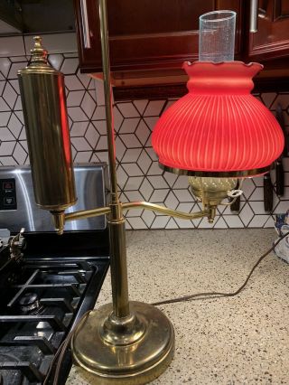 Vintage Student Lamp Electric Desk Light Brass W/ Red Glass Hurricane Globe