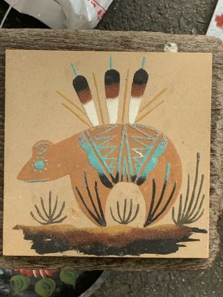 Vintage Southwestern Native American Sand Painting Signed Bear