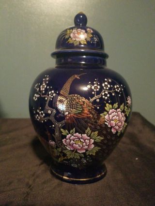 Vintage Indigo Blue Ginger Jar With Lid Peacock Design Japan