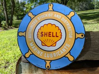 Old 1921 Shell Marine Lubricants Porcelain Gas & Oil Pump Advertising Sign