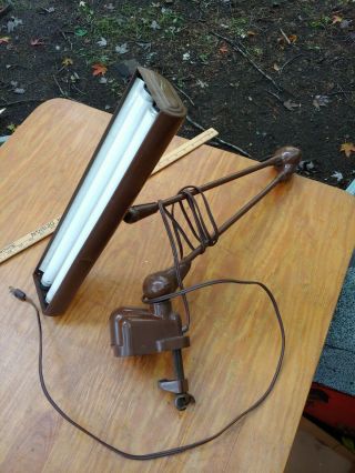 Vtg Industrial Brown Clawfoot Dazor Floating Drafting Table Lamp Double Bulb 40s