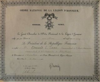 1919 French Legion Of Honor Award For U.  S.  Lt.  Colonel Edmond L.  Zane,  Ww1