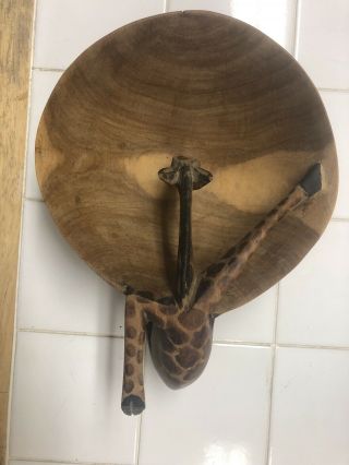 Vintage Primitive Hand Carved Wooden Giraffe Drinking From Bowl Bought In Africa