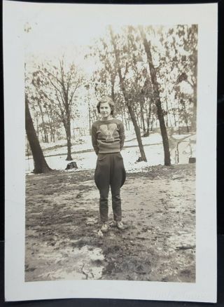 1940s High School Girl School Sweater Outdoors Photo B&w Snapshot