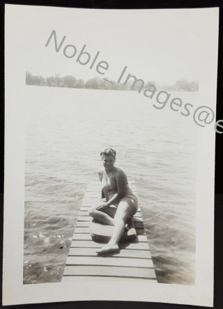 1948 Pretty Woman Swimsuit Laying On Dock Photo B&w Snapshot