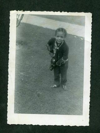 Vintage Photo Cute Boy W/ Toy Gun & Cowboy Outfit African American 408135