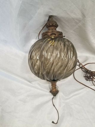 Vtg Mid Century Modern Smoked Glass Brass Hanging Light Fixture Swag Lamp