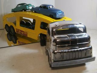 Vintage 1950 S Structo Auto Transport Truck With Ramp Cadillac Coupes Chrome