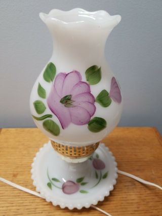 Vintage 10.  5  White Hobnail Milk Glass Hurricane Lamp W/ Purple Flowers -