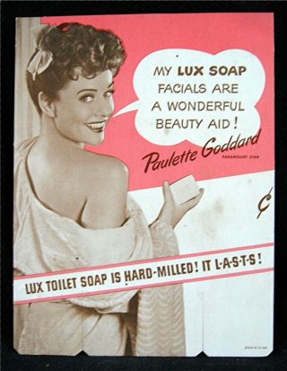 1943 Movie Star Paulette Goddard Lux Soap Adv Cardboard Store Sign Store Stock