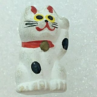 Vintage Tiny Wood Lucky Cat Japanese Maneki Neko Left Hand Carved Painted 0.  75 "