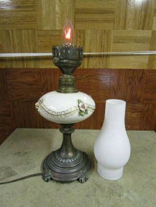 Vintage Brass And Porcelain Electric Oil Table Lamp With Capodimonte Flowers