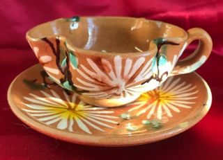 Vintage Signed Mexico Clay Pottery Tea Cup And Saucer Flowers