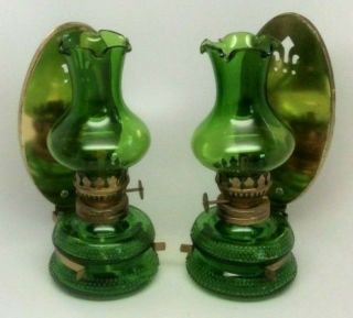 Vintage Green Glass Miniature Oil Lamp Made In Hong Kong Set Of 2