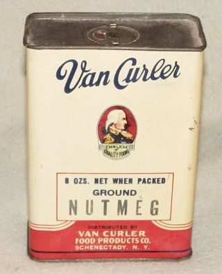 Vintage Van Curler Ground Nutmeg 8 Oz.  Spice Tin Full Schenectady Ny Advertising