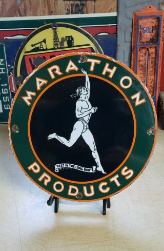 Marathon Gasoline Porcelain Sign Vintage Gas Pump Plate Running Indian Brand
