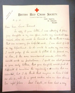 British Red Cross Society Ww1 1916 Letter Manuscript Signed Touching Content
