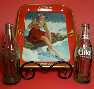 1941 " Skater Girl " Coca - Cola Serving Tray With 2 Vintage Coke Bottles