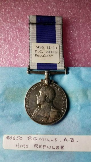 Wwi Royal Navy Service Medal World War Hms Repulse F.  G.  Mills 20650