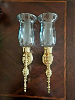 ⚡vtg Polished Brass Wall Sconce Candlestick Holder Pair W/ Glass Shade 17 " T