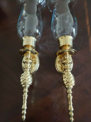 ⚡VTG Polished Brass Wall Sconce Candlestick Holder Pair w/ Glass Shade 17 