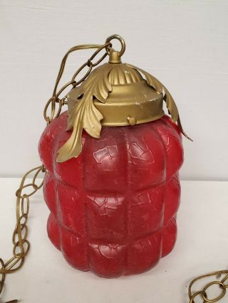 Vtg Mid Century Gilbert Red Globe Swag Lamp Hanging Glass Metal