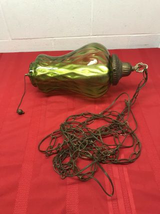 Vtg.  Retro Mid Century Green Glass Hanging Swag Lamp Light W/ Chain Not