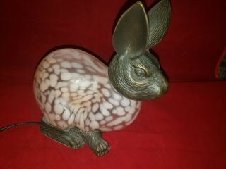 Vintage 1996 Tin Chi Pink Frosted Glass And Brass Rabbit Table Lamp Night Light