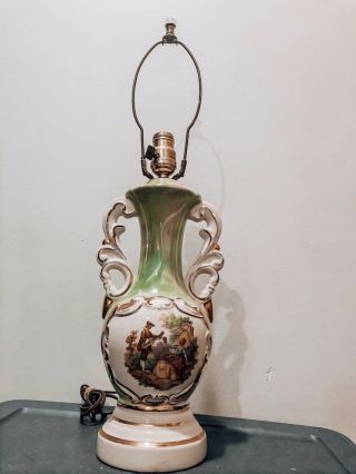 Vintage 24 " Hand Painted Ceramic Vase Style Table Lamp W Victorian Couple Pretty