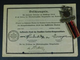 Imperial German; Wurttemberg Kriegsverin Medal And Document