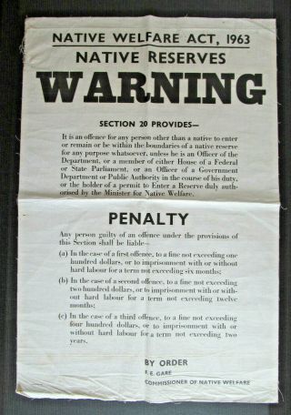 Vintage Australian 1963 Native Welfare Reserves Act Warning Law Poster Banner