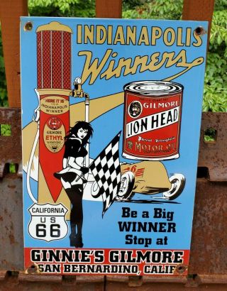 Old 1950s Gilmore Lion Head Motor Oil Route 66 Porcelain Enamel Gas Pump Sign