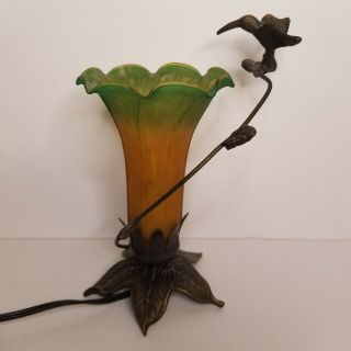 Tiffany Style Lily Tulip Table Lamp Hummingbird Trumpet Flower Green Orange Vtg