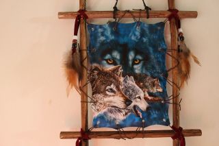 WOLF WOLVES PAW PRINT INDIAN WOOD FRAMED PICTURE 2